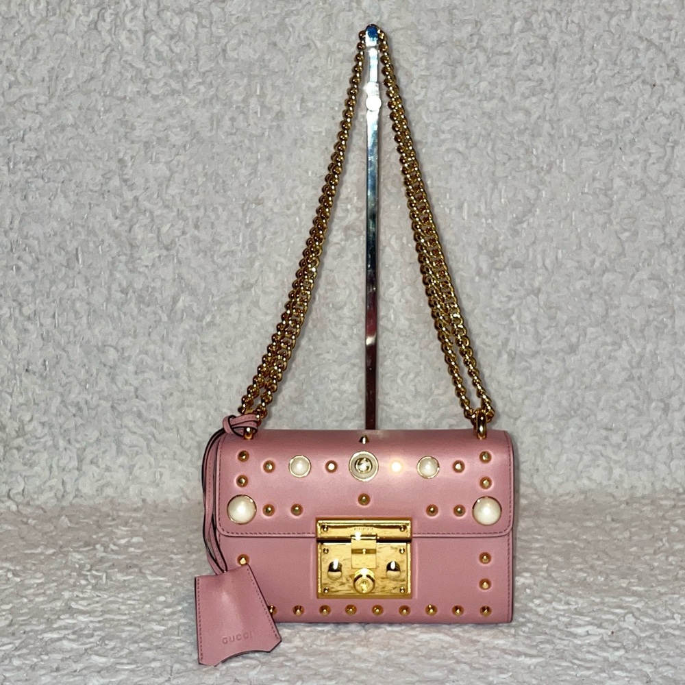 Gucci Pearl Studded Padlock Chain Pink Leather Crossbody Shoulder Bag 432182 - Picture 6 of 17
